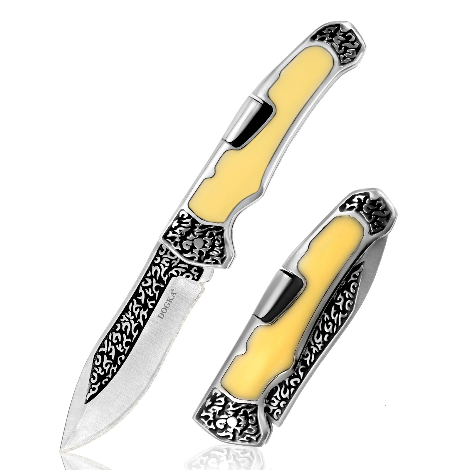 Vintage Collectible Knives - Vintage gegraveerd opvouwbaar zakgereedschap Gladde gele